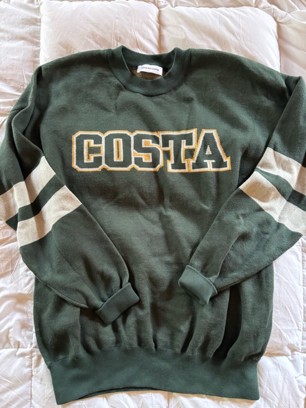 Costa Forest Green Crewneck Sweater with Cream Sleeve Stripes